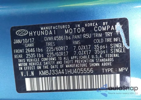 2017 Hyundai Tucson Se Plus from USA, damaged, VIN KM8J33A41HU405556